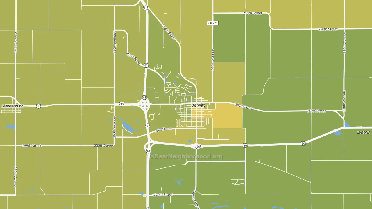 Map of the best neighborhoods in the DeWitt area, with better matches in green and worse matches in red