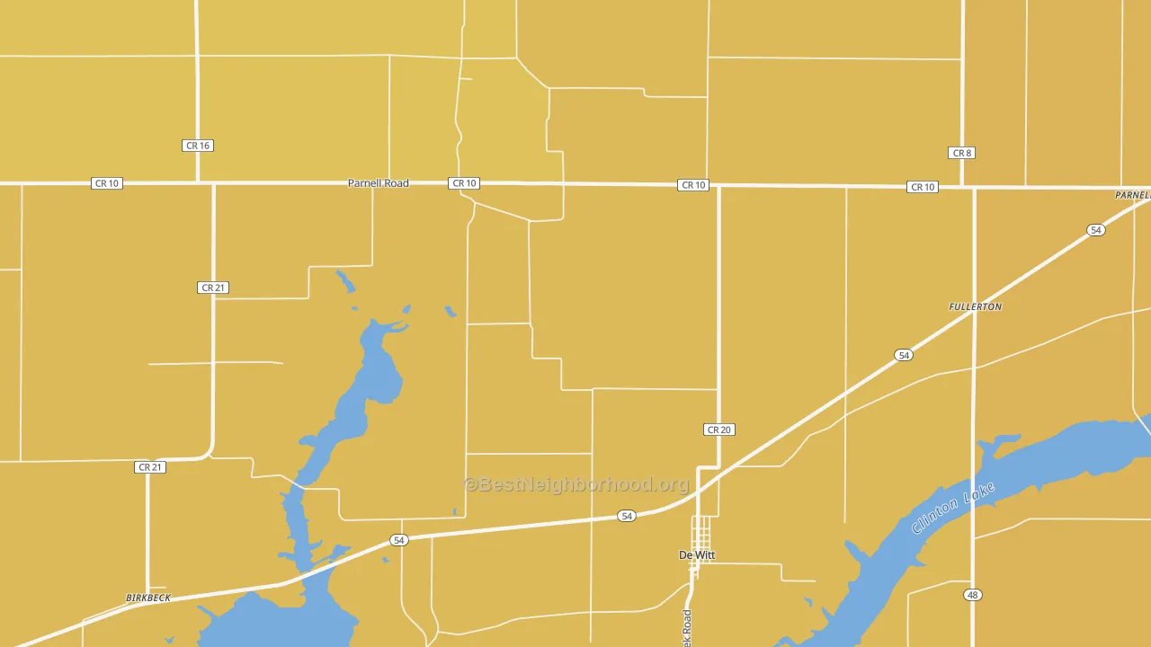 Map of the best neighborhoods in the Dewitt area, with better matches in green and worse matches in red