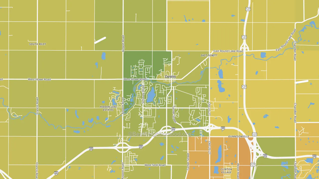 Map of the best neighborhoods in the Dewitt area, with better matches in green and worse matches in red