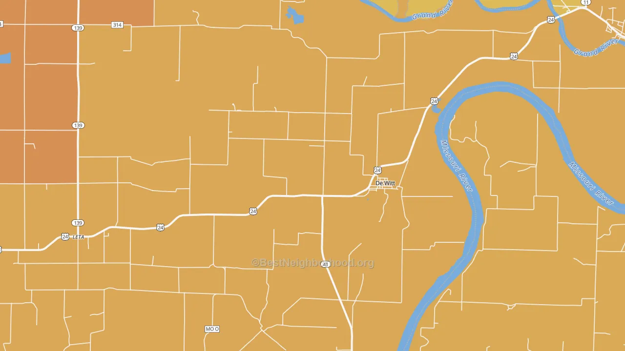 Map of the best neighborhoods in the DeWitt area, with better matches in green and worse matches in red