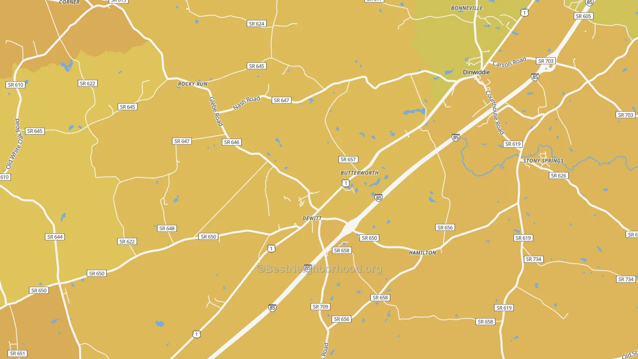 Map of the best neighborhoods in the Dewitt area, with better matches in green and worse matches in red