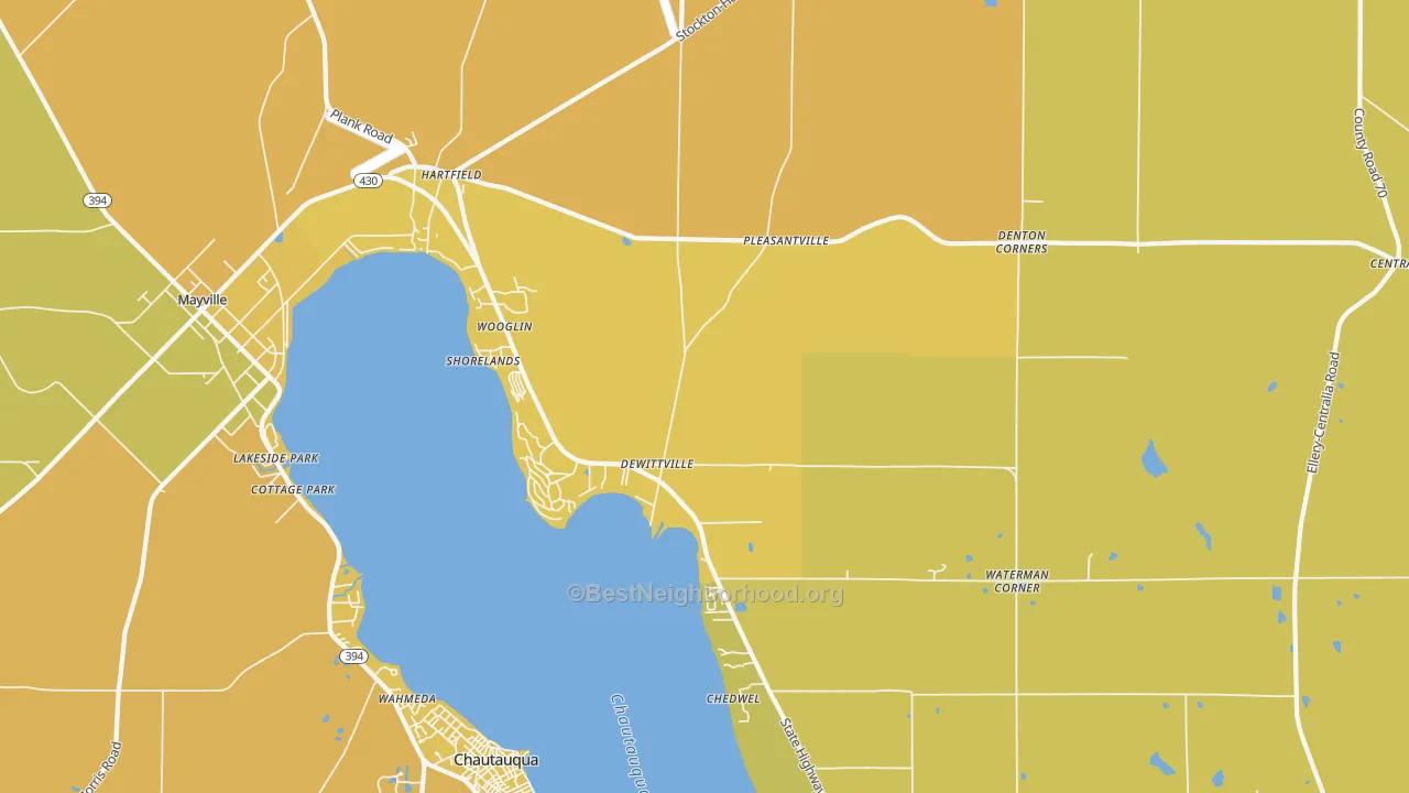 Map of the best neighborhoods in the Dewittville area, with better matches in green and worse matches in red