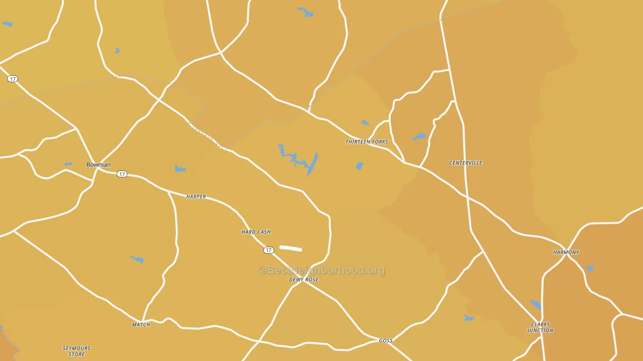 Map of the best neighborhoods in the Dewy Rose area, with better matches in green and worse matches in red