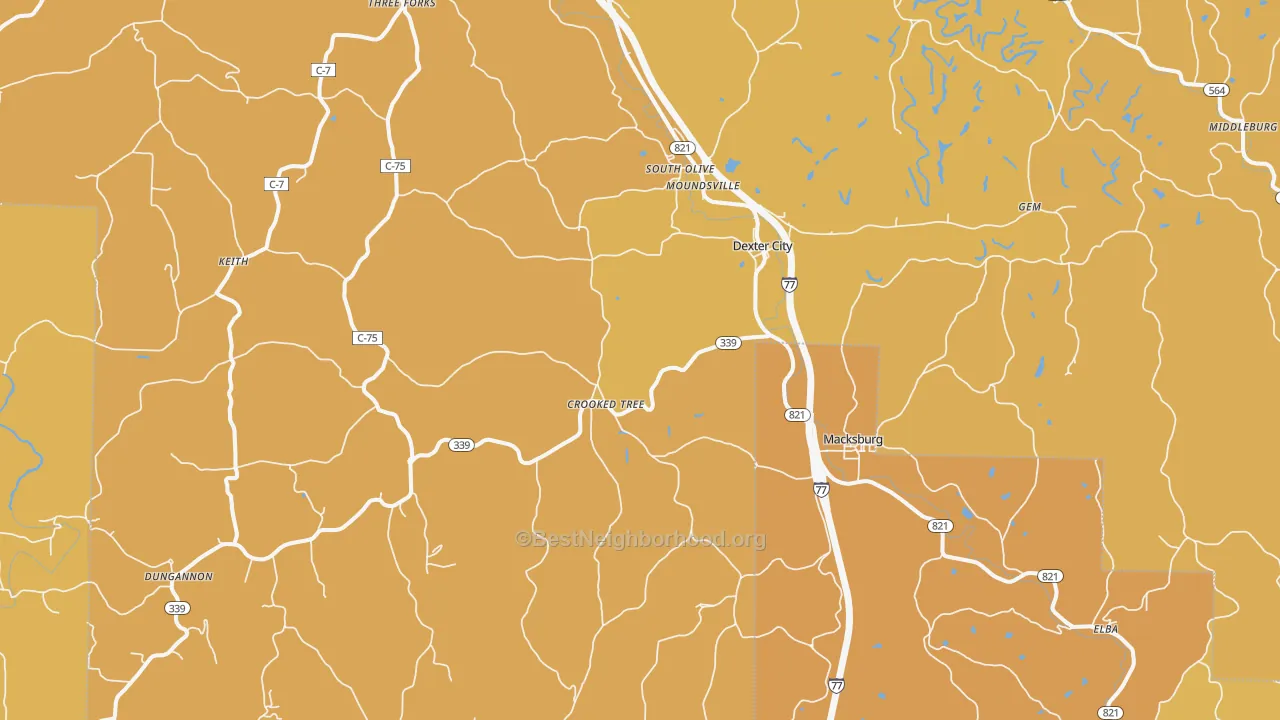 Map of the best neighborhoods in the Dexter City area, with better matches in green and worse matches in red