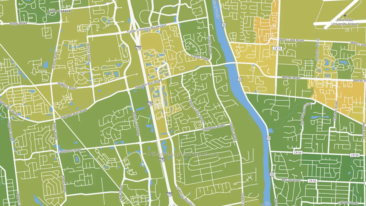 Map of the best neighborhoods in the Dexter Falls, Columbus area, with better matches in green and worse matches in red