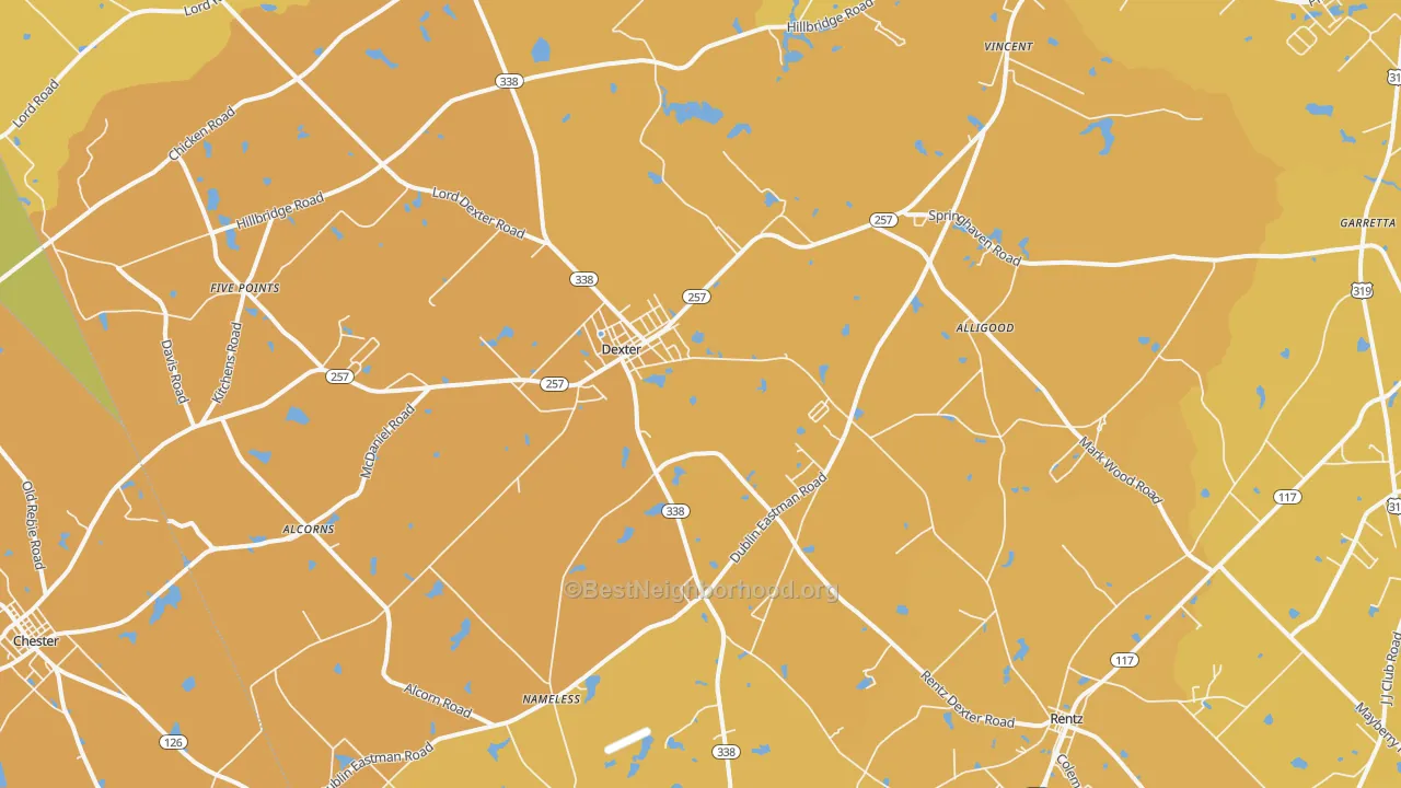 Map of the best neighborhoods in the Dexter area, with better matches in green and worse matches in red