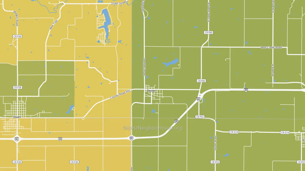 Map of the best neighborhoods in the Dexter area, with better matches in green and worse matches in red