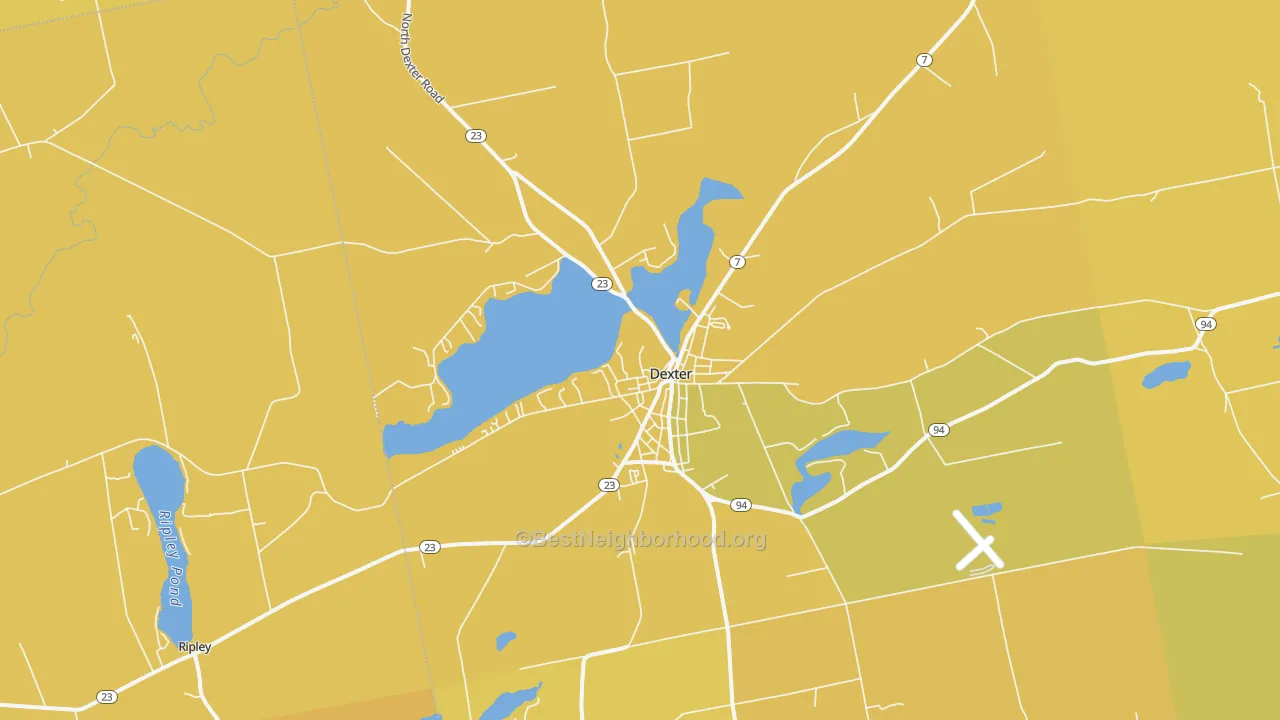 Map of the best neighborhoods in the Dexter area, with better matches in green and worse matches in red
