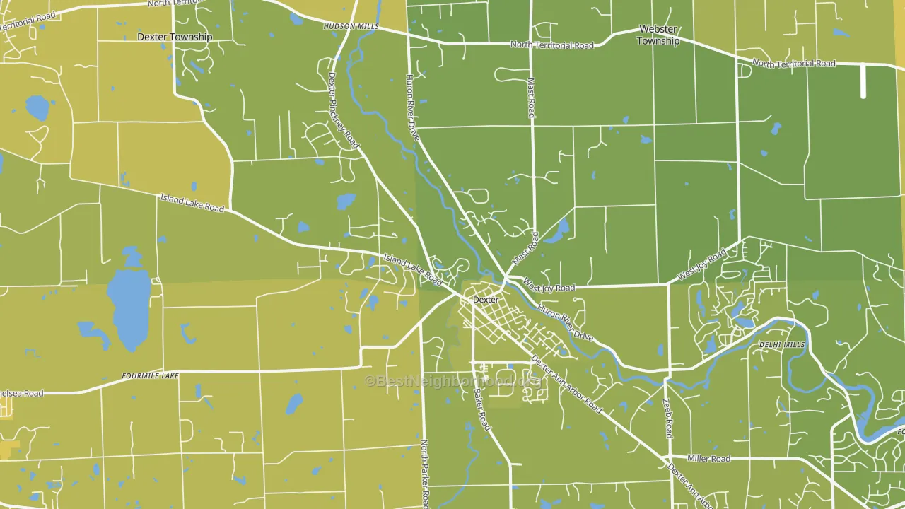 Map of the best neighborhoods in the Dexter area, with better matches in green and worse matches in red