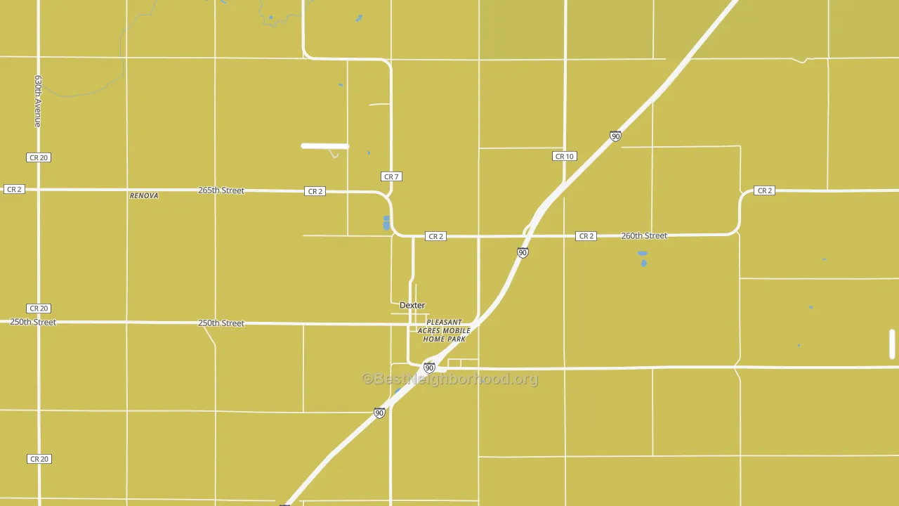 Map of the best neighborhoods in the Dexter area, with better matches in green and worse matches in red