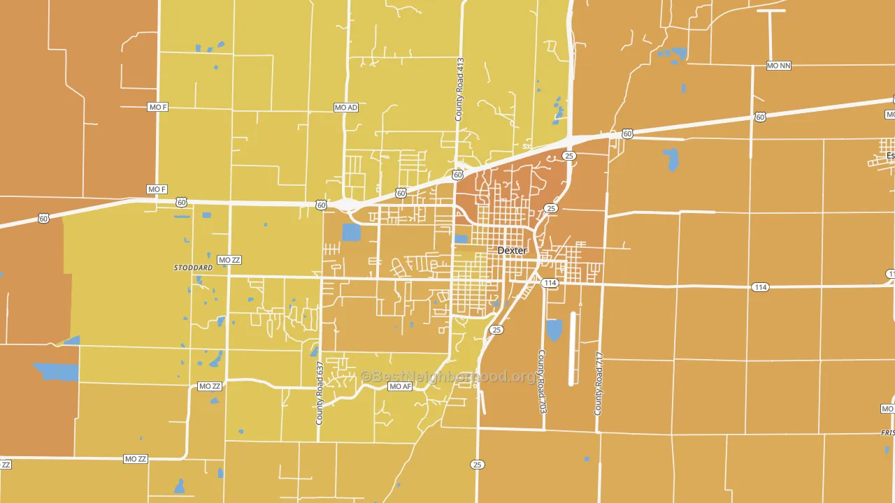 Map of the best neighborhoods in the Dexter area, with better matches in green and worse matches in red