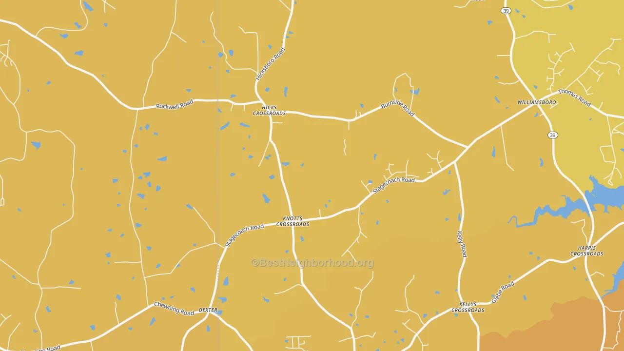 Map of the best neighborhoods in the Dexter area, with better matches in green and worse matches in red