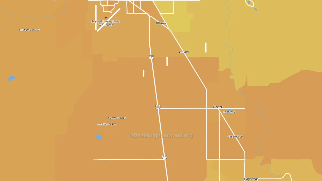 Map of the best neighborhoods in the Dexter area, with better matches in green and worse matches in red