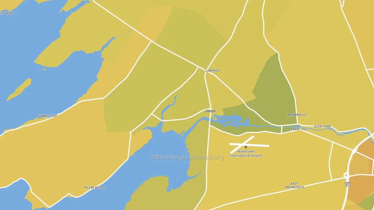 Map of the best neighborhoods in the Dexter area, with better matches in green and worse matches in red