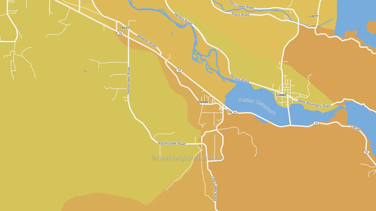 Map of the best neighborhoods in the Dexter area, with better matches in green and worse matches in red