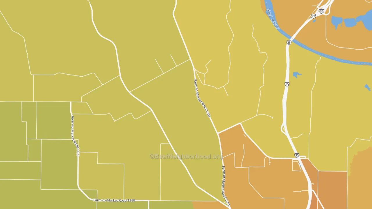 Map of the best neighborhoods in the Dexter area, with better matches in green and worse matches in red