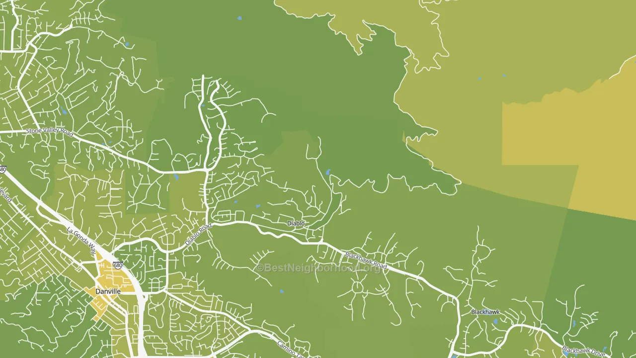 Map of the best neighborhoods in the Diablo area, with better matches in green and worse matches in red