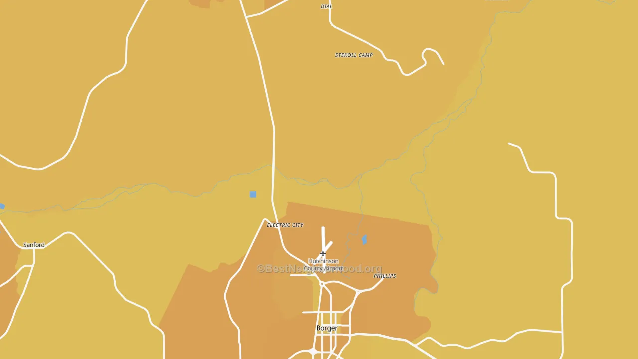 Map of the best neighborhoods in the Dial area, with better matches in green and worse matches in red