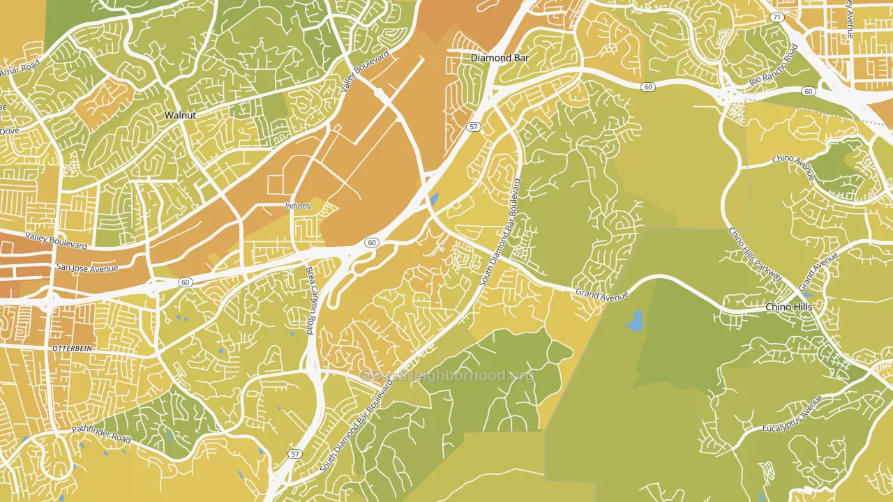 Map of the best neighborhoods in the Diamond Bar area, with better matches in green and worse matches in red