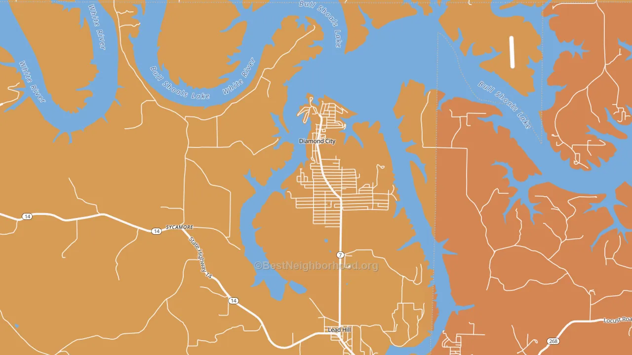 Map of the best neighborhoods in the Diamond City area, with better matches in green and worse matches in red