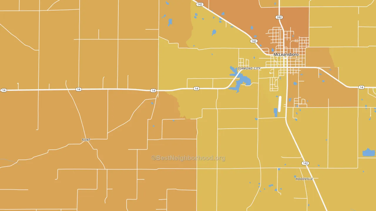 Map of the best neighborhoods in the Diamond City area, with better matches in green and worse matches in red