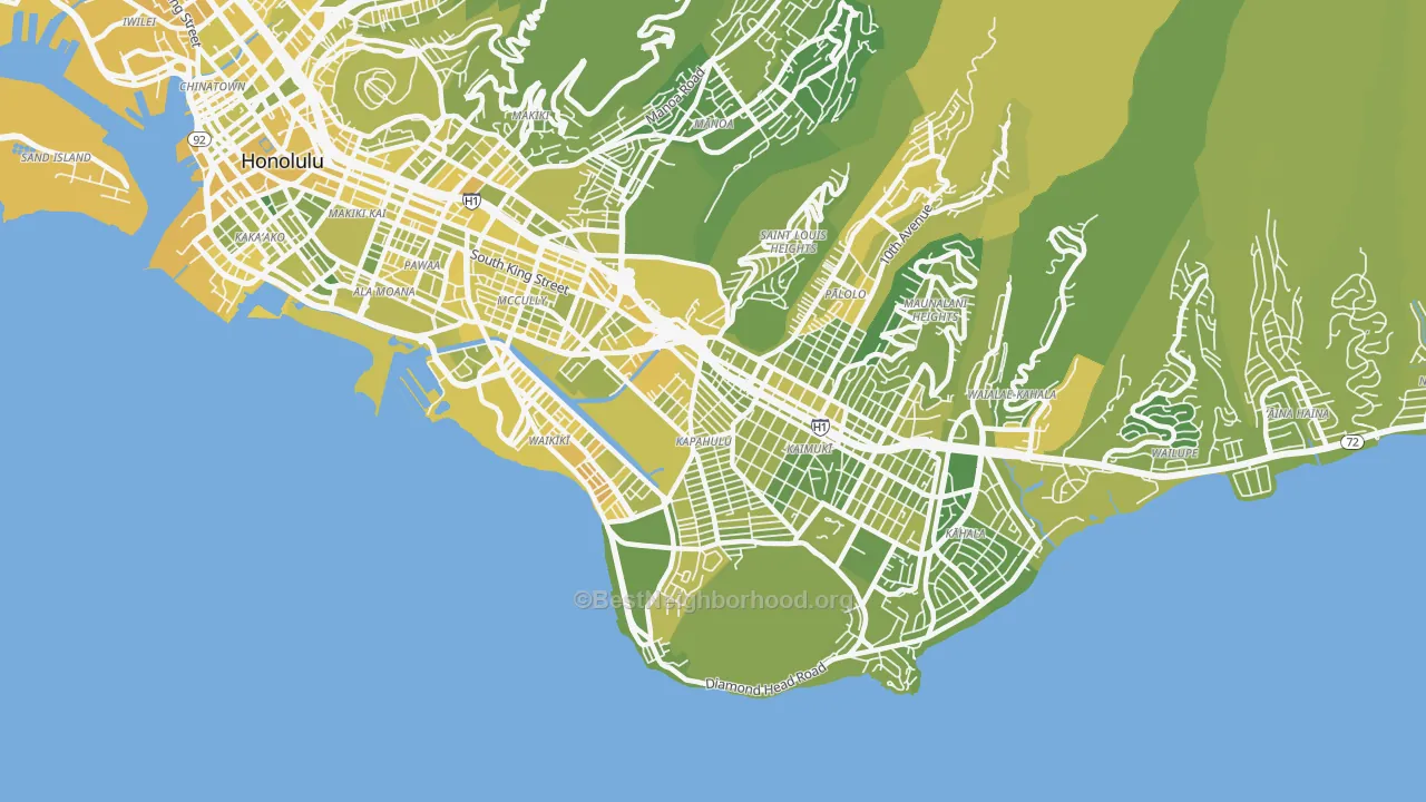 Map of the best neighborhoods in the Diamond Head-Kapahulu-St Louis, Honolulu area, with better matches in green and worse matches in red
