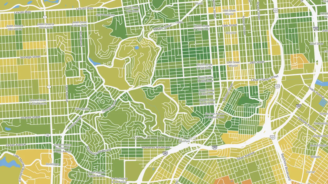 Map of the best neighborhoods in the Diamond Heights, San Francisco area, with better matches in green and worse matches in red
