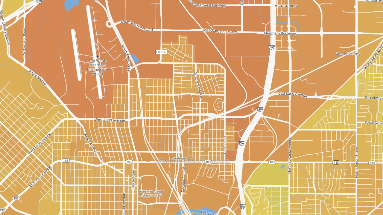 Map of the best neighborhoods in the Diamond Hill-Jarvis, Fort Worth area, with better matches in green and worse matches in red