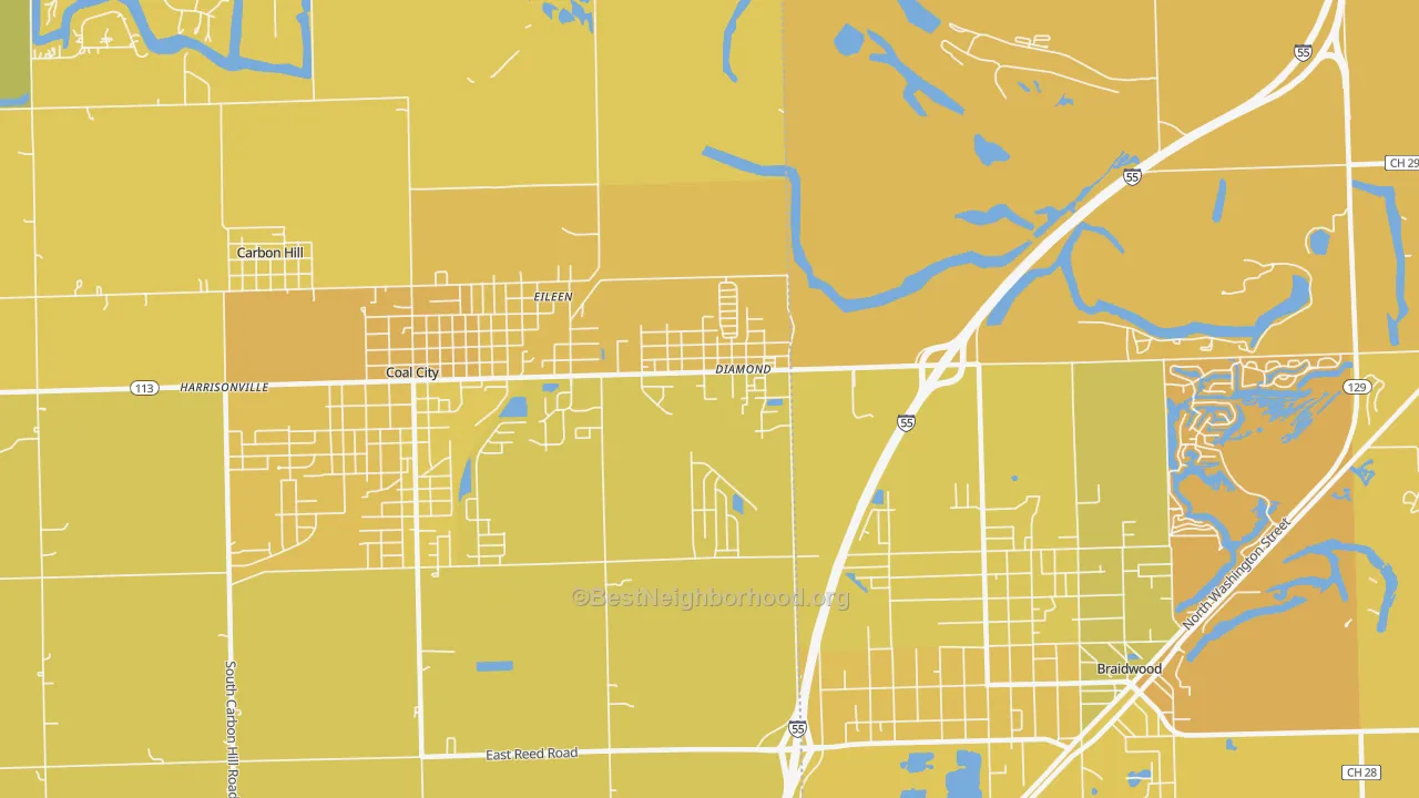 Map of the best neighborhoods in the Diamond area, with better matches in green and worse matches in red