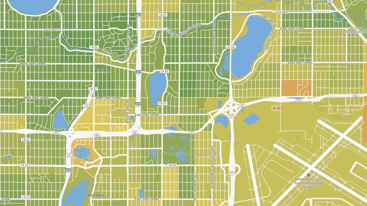 Map of the best neighborhoods in the Diamond Lake, Minneapolis area, with better matches in green and worse matches in red