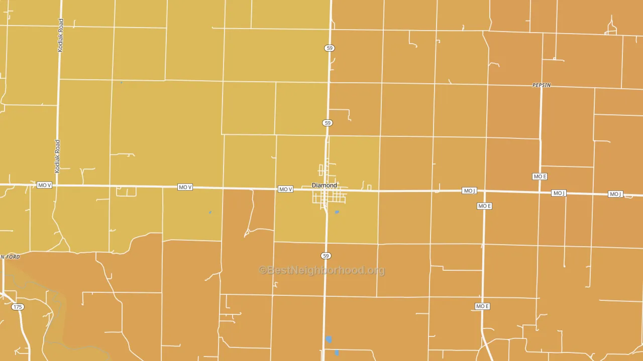 Map of the best neighborhoods in the Diamond area, with better matches in green and worse matches in red