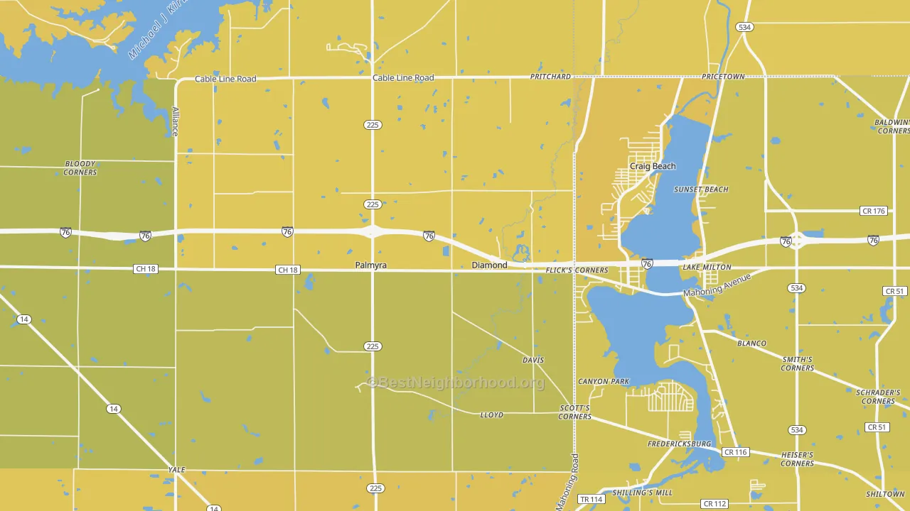 Map of the best neighborhoods in the Diamond area, with better matches in green and worse matches in red