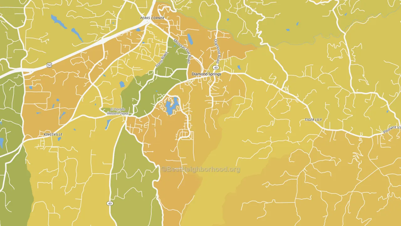 Map of the best neighborhoods in the Diamond Springs area, with better matches in green and worse matches in red