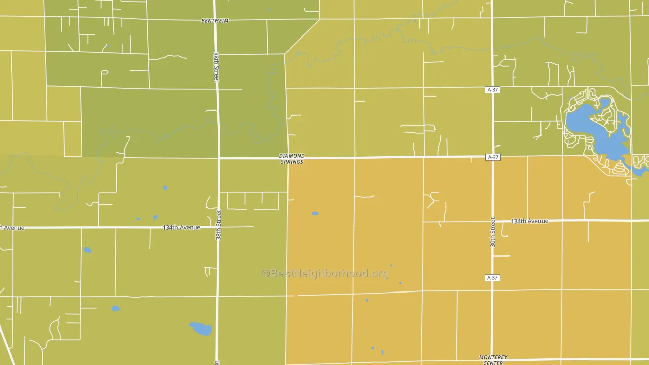 Map of the best neighborhoods in the Diamond Springs area, with better matches in green and worse matches in red