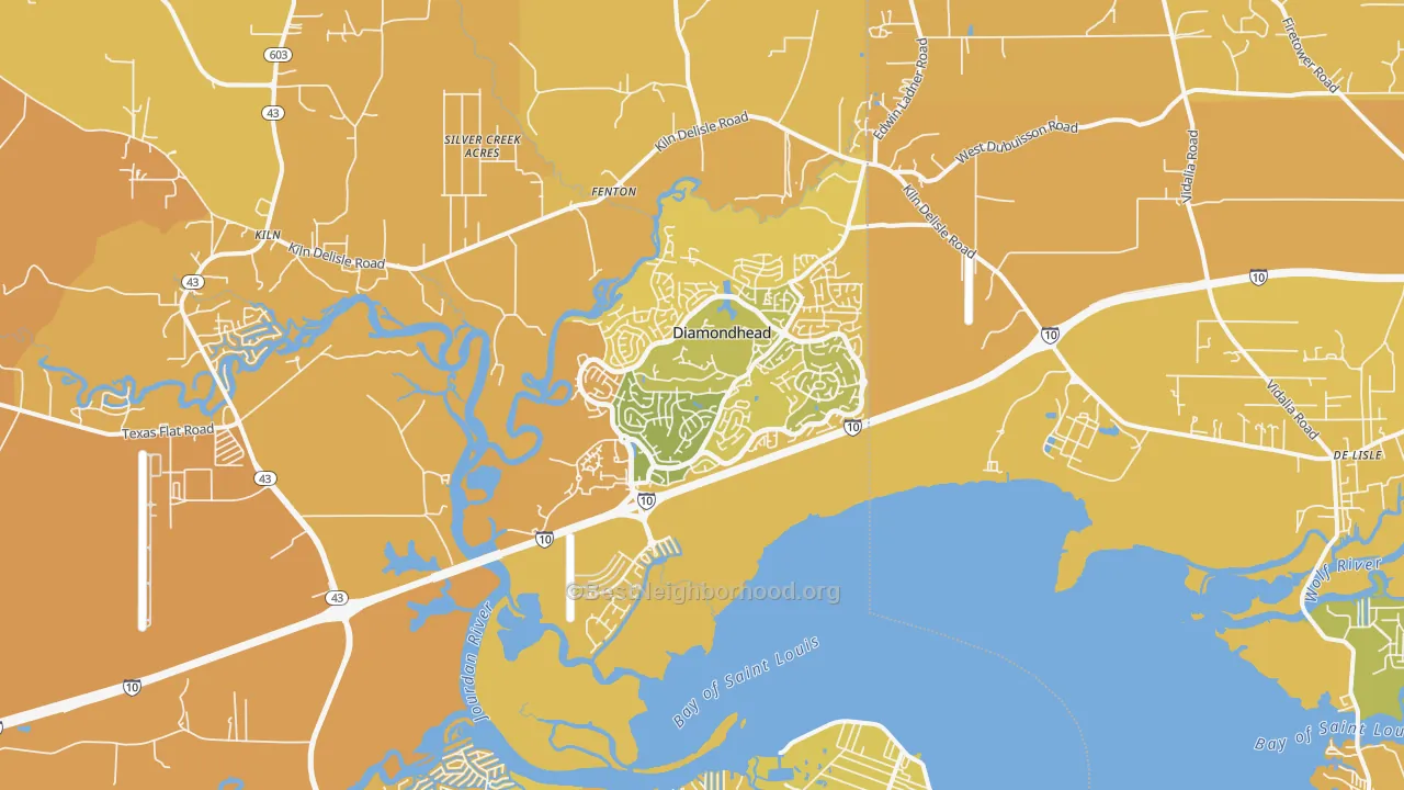 Map of the best neighborhoods in the Diamondhead area, with better matches in green and worse matches in red