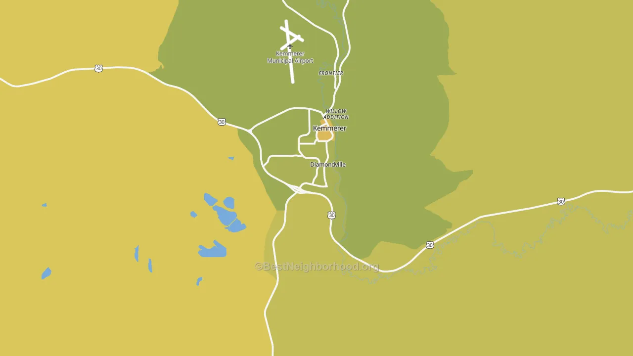 Map of the best neighborhoods in the Diamondville area, with better matches in green and worse matches in red