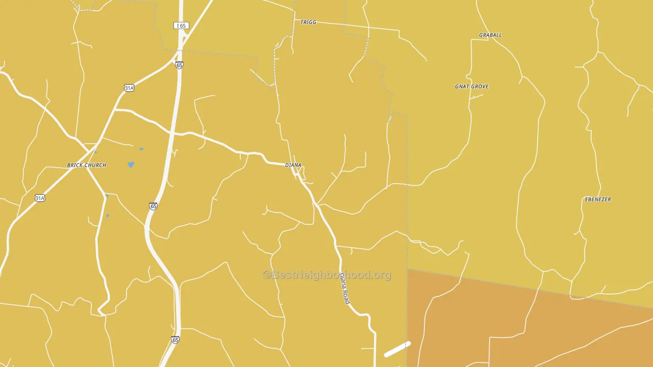 Map of the best neighborhoods in the Diana area, with better matches in green and worse matches in red