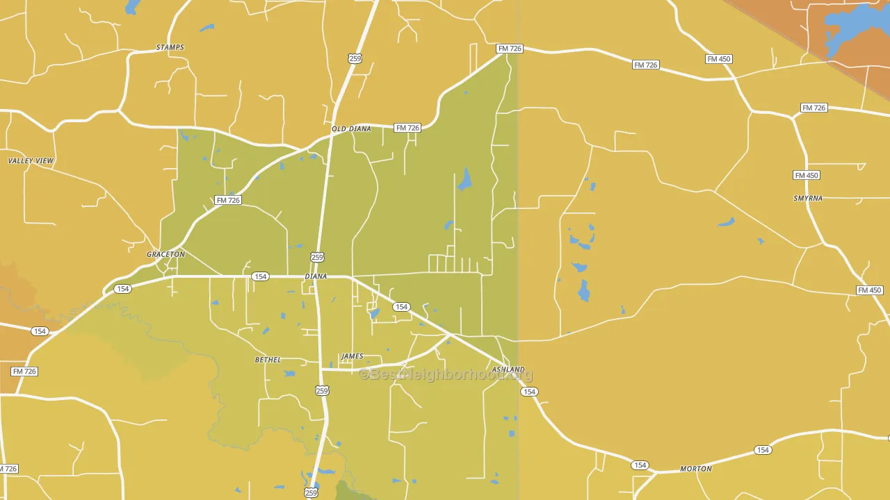 Map of the best neighborhoods in the Diana area, with better matches in green and worse matches in red
