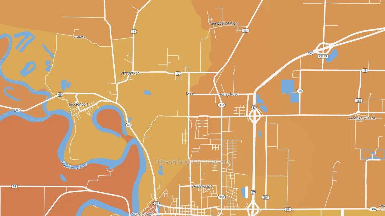 Map of the best neighborhoods in the Diaz area, with better matches in green and worse matches in red
