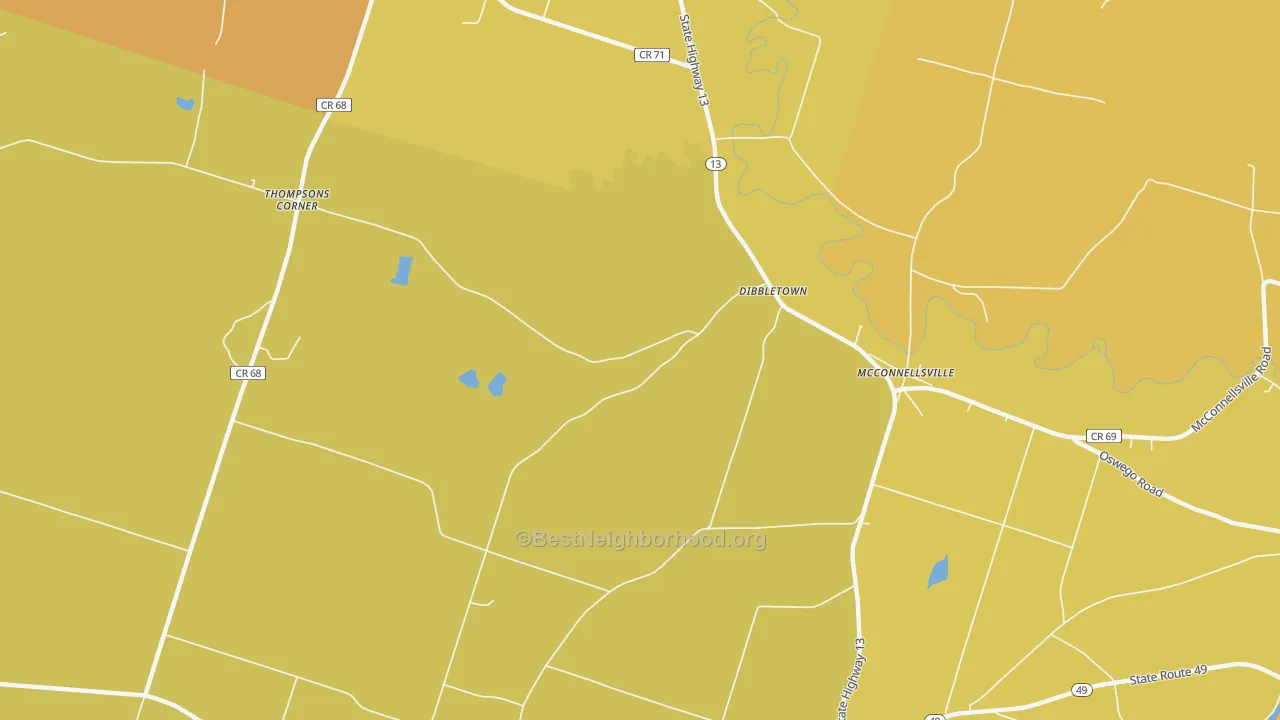 Map of the best neighborhoods in the Dibbletown area, with better matches in green and worse matches in red