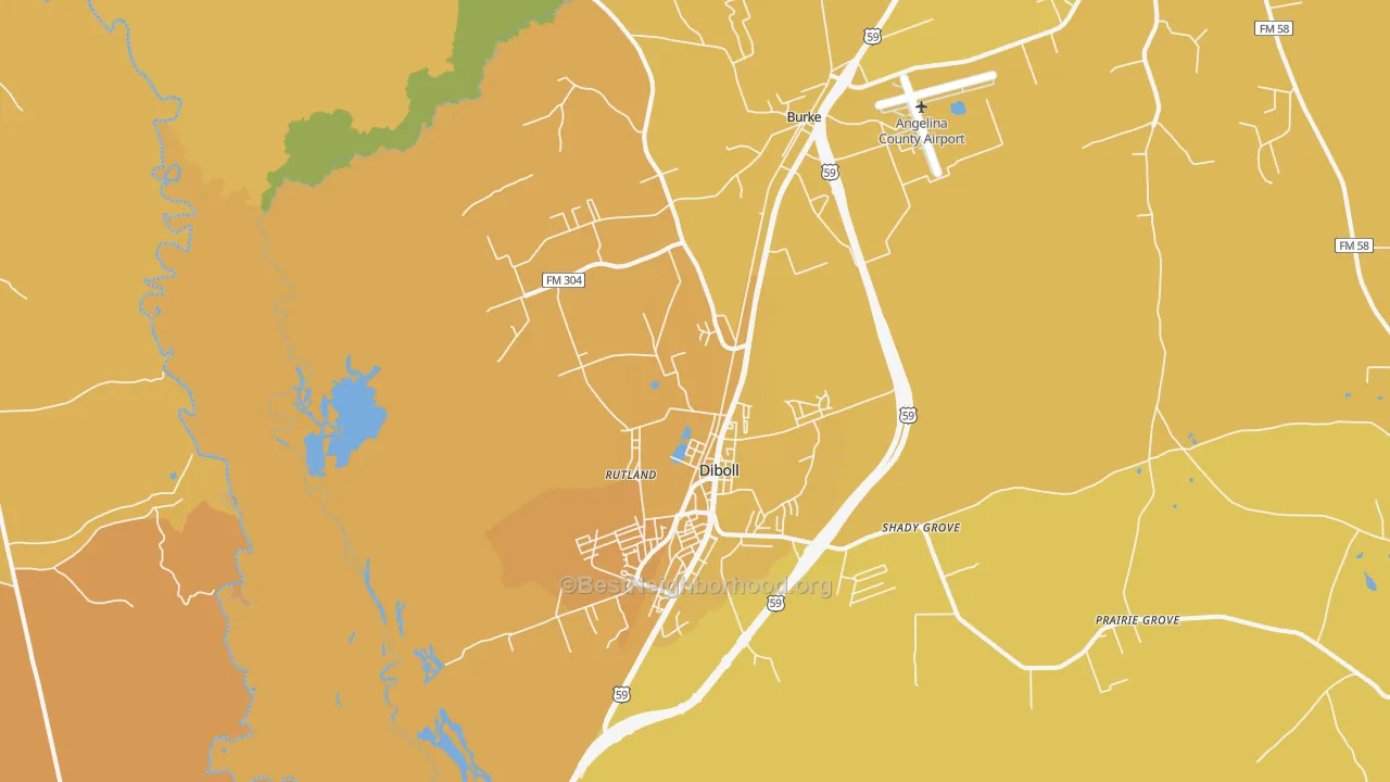 Map of the best neighborhoods in the Diboll area, with better matches in green and worse matches in red
