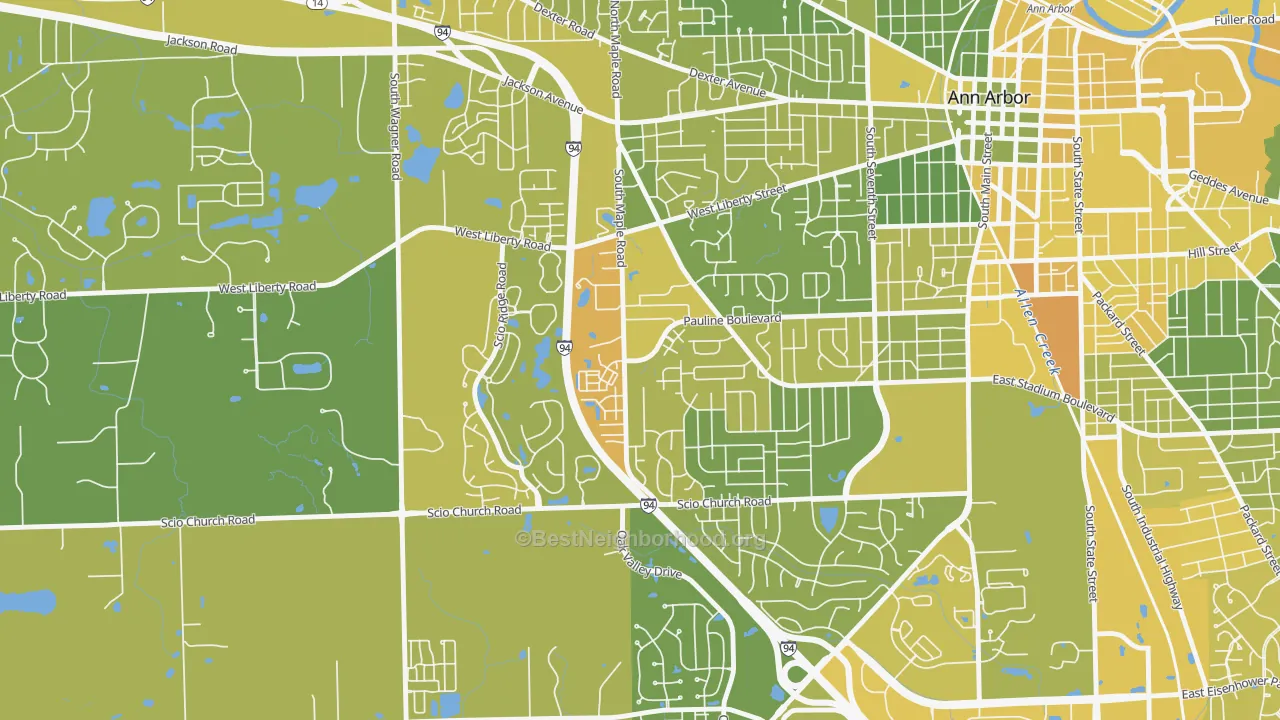 Map of the best neighborhoods in the Dicken, Ann Arbor area, with better matches in green and worse matches in red