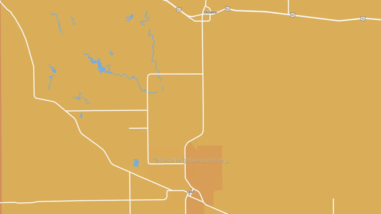 Map of the best neighborhoods in the Dickens County area, with better matches in green and worse matches in red
