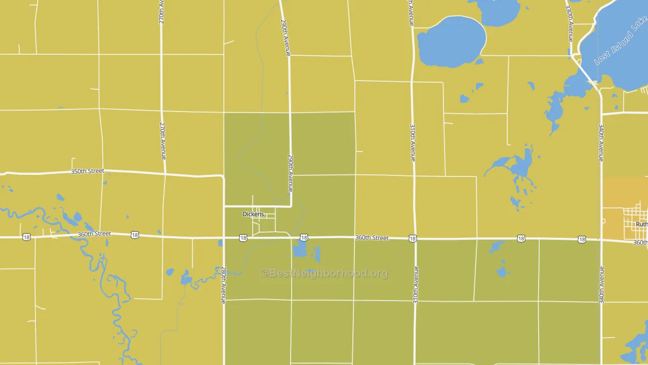 Map of the best neighborhoods in the Dickens area, with better matches in green and worse matches in red