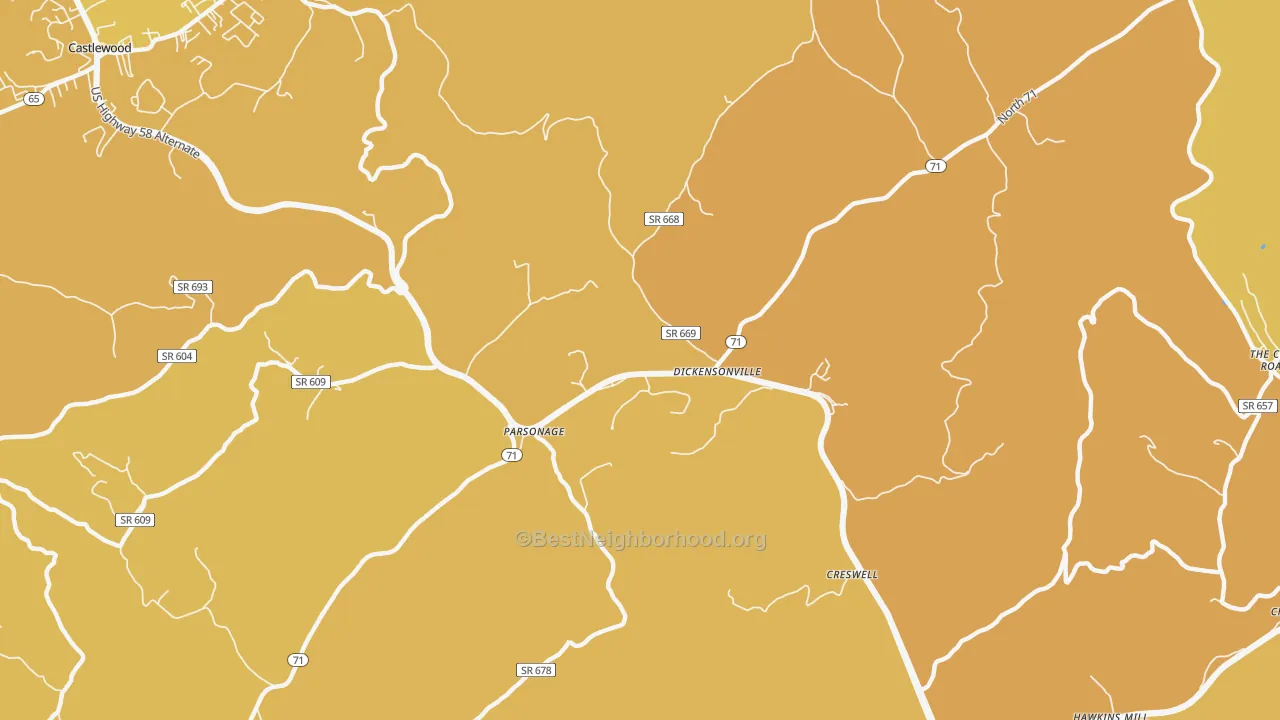 Map of the best neighborhoods in the Dickensonville area, with better matches in green and worse matches in red