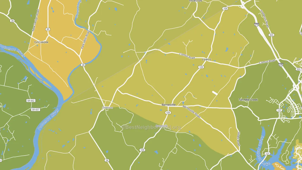 Map of the best neighborhoods in the Dickerson area, with better matches in green and worse matches in red