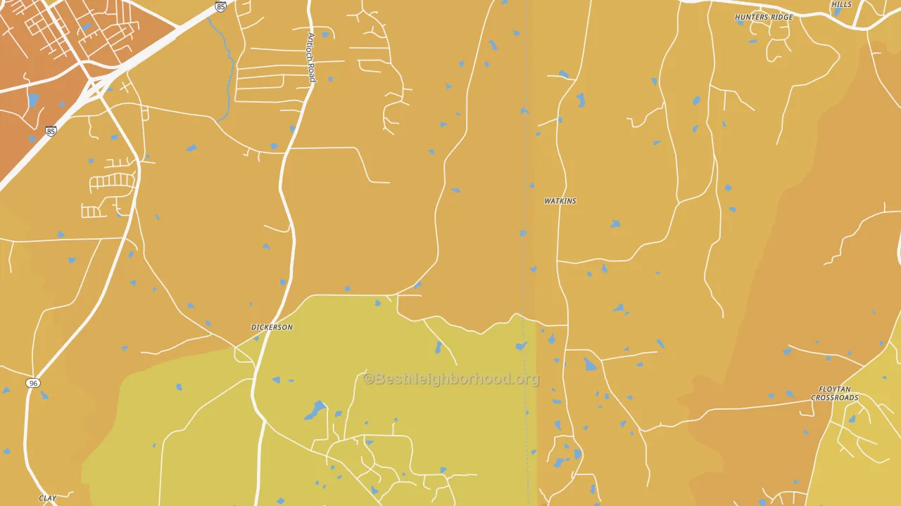 Map of the best neighborhoods in the Dickerson area, with better matches in green and worse matches in red