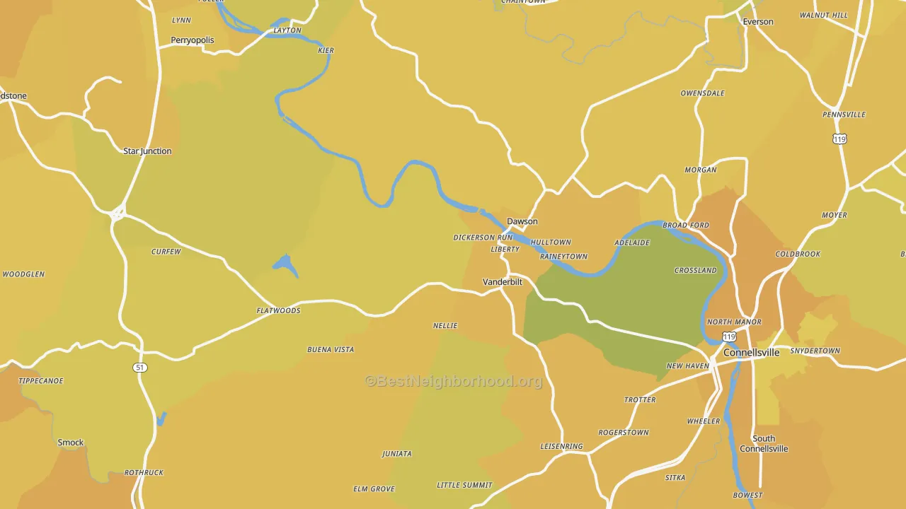 Map of the best neighborhoods in the Dickerson Run area, with better matches in green and worse matches in red