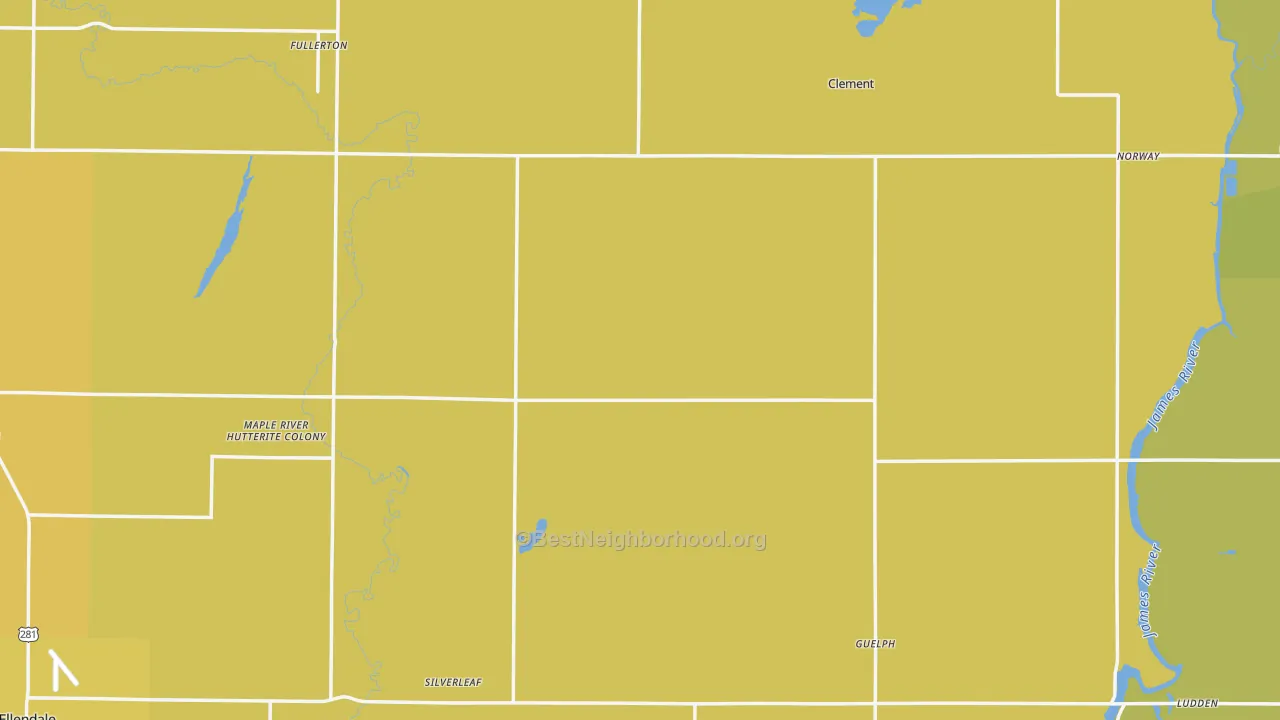 Map of the best neighborhoods in the Dickey County area, with better matches in green and worse matches in red
