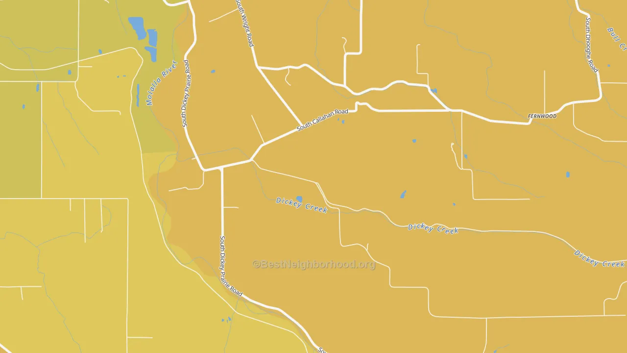 Map of the best neighborhoods in the Dickey Prairie area, with better matches in green and worse matches in red